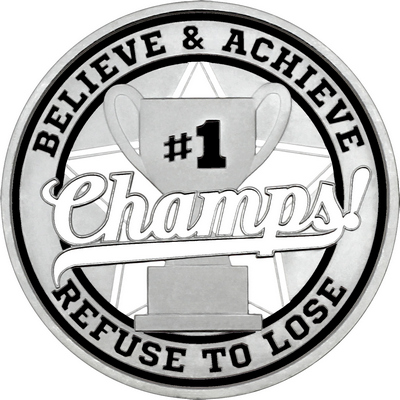 White "Champs!" with Black Outer Circular Borders